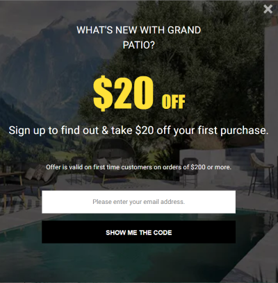 Grand Patio $20 Off First Order Code